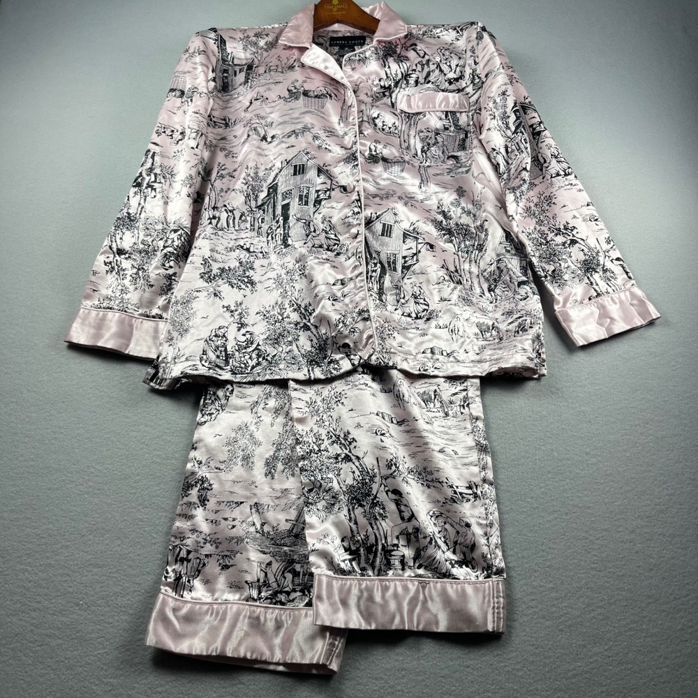 Robert Louis Pink Toile Print Satin Pajama Set Womens Small 2 Piece Sleepwear